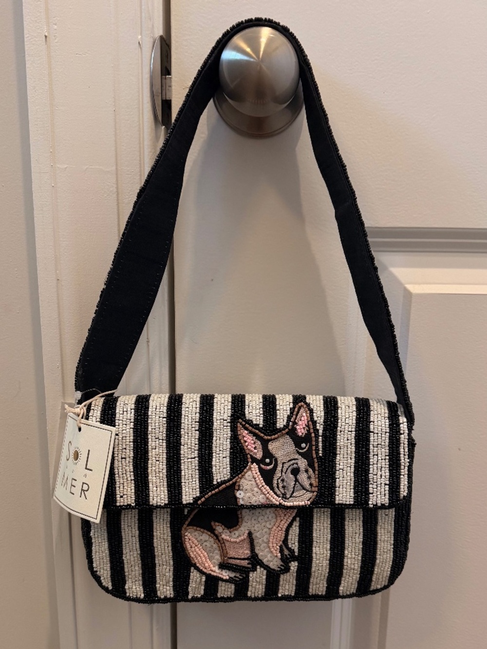 NWT - Sol & Mer Beaded French Bulldog Striped Shoulder Bag